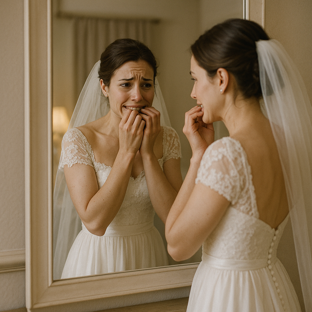 Bride practicing smiles in mirror showing anxiety about teeth
